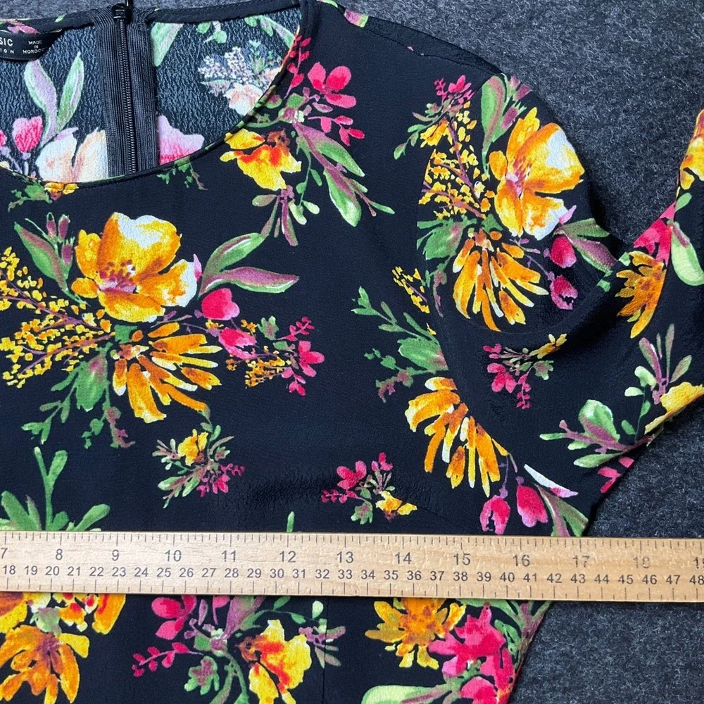 Zara Basic Dress Womens M Black Floral 3/4 Sleeve Mini Boho Classic